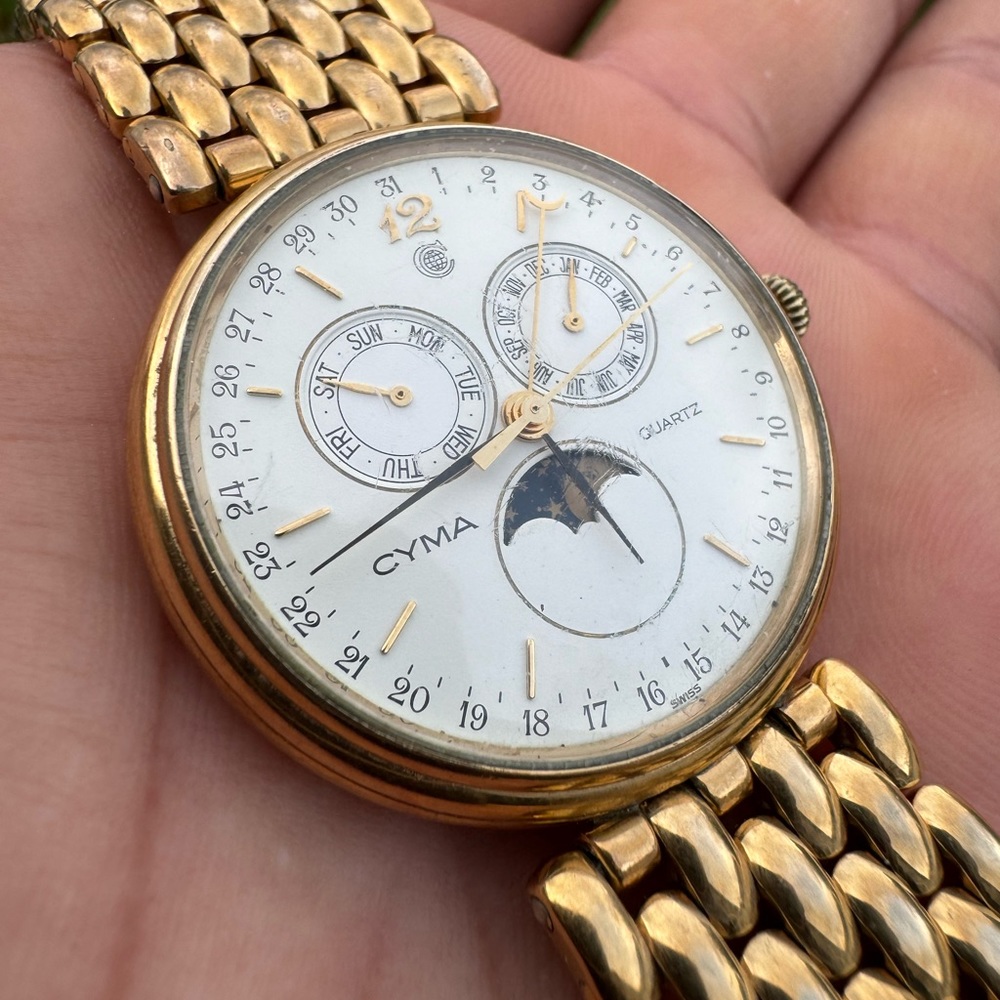 Rare Vtg Cyma Triple Calendar Quartz Unisex Gold Plated Watch 🔥🔥